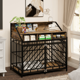 Furniture Dog Crate/Desk - Iron Frame & Wood Top w/ Storage (Color: Black)