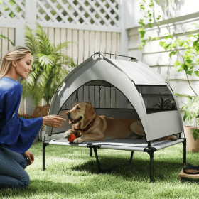Elevated Dog Bed With Removable Canopy, Portable Outside Raised Pet Cot With Cooling Pad, Storage Bag (Color: Grey)